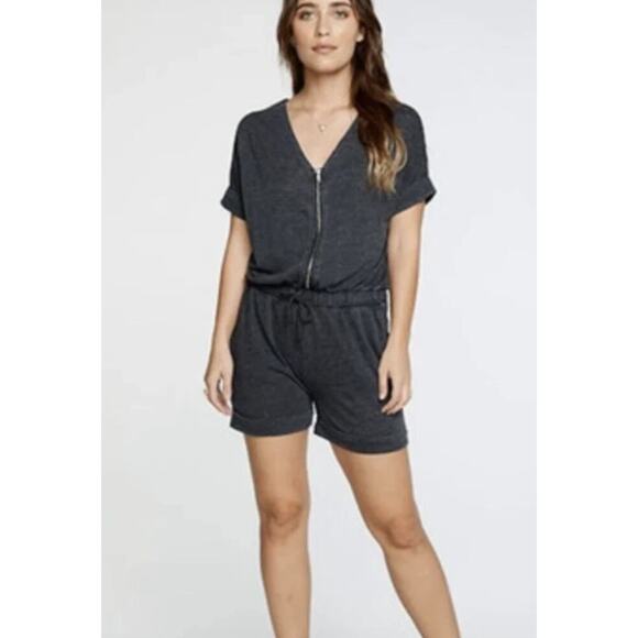Chaser Newport Romper Washed Charcoal Short Sleeve Zip Front Romper Size S NWT - Picture 1 of 7